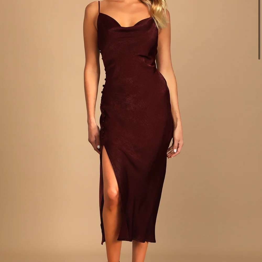Lulu’s Slinking Out Loud Burgundy Satin Side Button Slip Dress (Size Large)